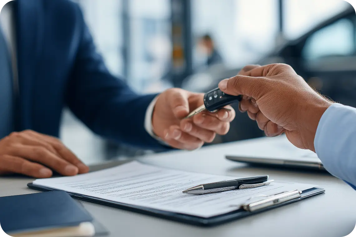 Car rental agent handing contract to customer